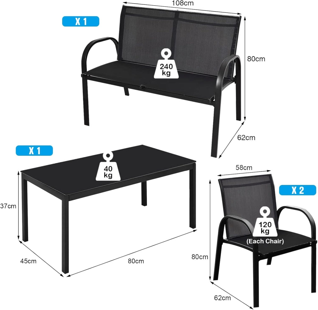 Set di 4 mobili da giardino per 4 persone, set da giardino con 2 sedie e 1 panca e 1 tavolino da caffè, set di mobili da terrazza per piscina, cortile (nero), QF54737IBDE