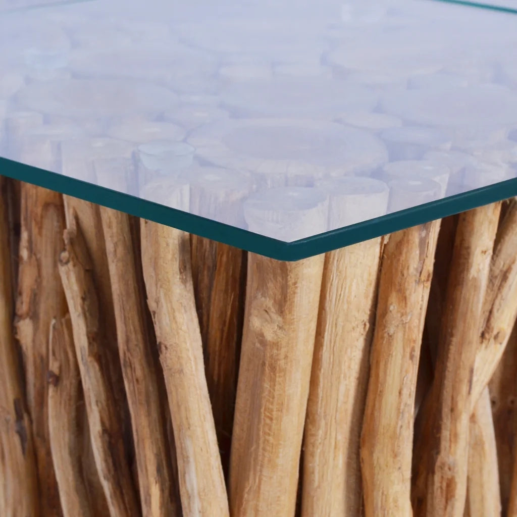 Tavolino da CaffÃ¨ Ripiano in Vetro 66x66x40 cm in Legno di Teak cod mxl 18026