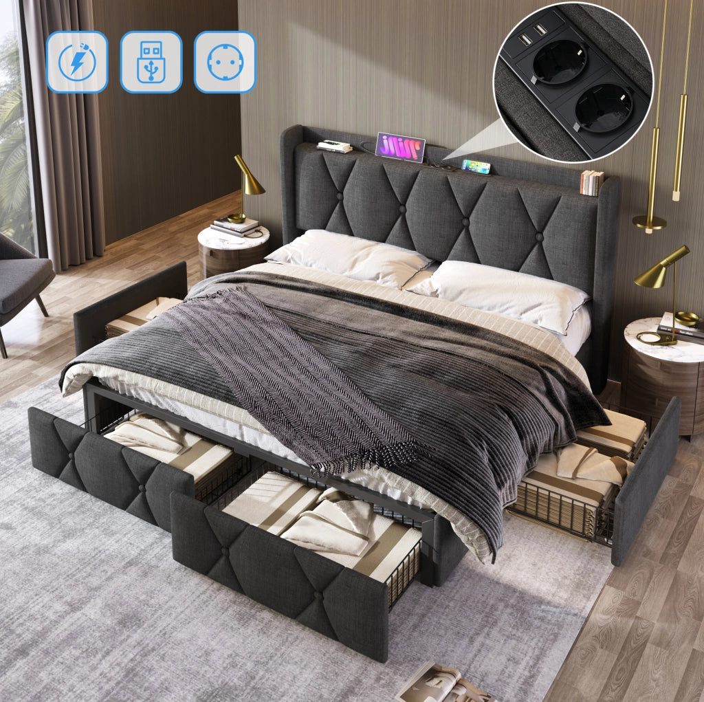 Letto matrimoniale 140x200 cm grigio in lino con USB, 4 cassetti e vano contenitore