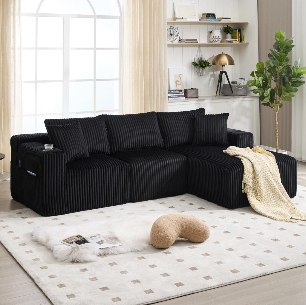 Divano modulare con chaise longue e 2 posti in corduroy nero; 257x160x62 cm