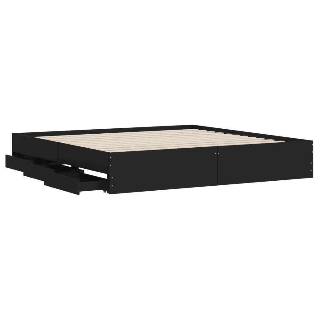 Letto matrimoniale | Letto per adulti | Giroletto con Cassetti Nero 200x200 cm in Legno Multistrato
