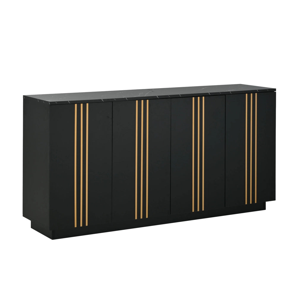 Sideboard da soggiorno con 4 ante, 35 x 140 x 70 cm, nero e oro, in pannello truciolare, con vani interni separati