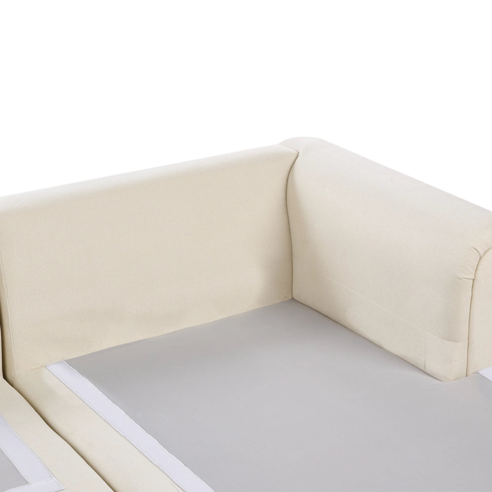Divano moderno ad angolo con gambe in plastica in tessuto beige chiaro lato sinistro