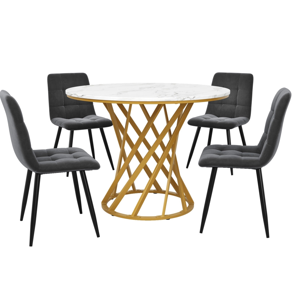 Set da pranzo 5 pezzi; tavolo rotondo 80x76 cm con motivo marmo; in MDF e metallo; multicolore