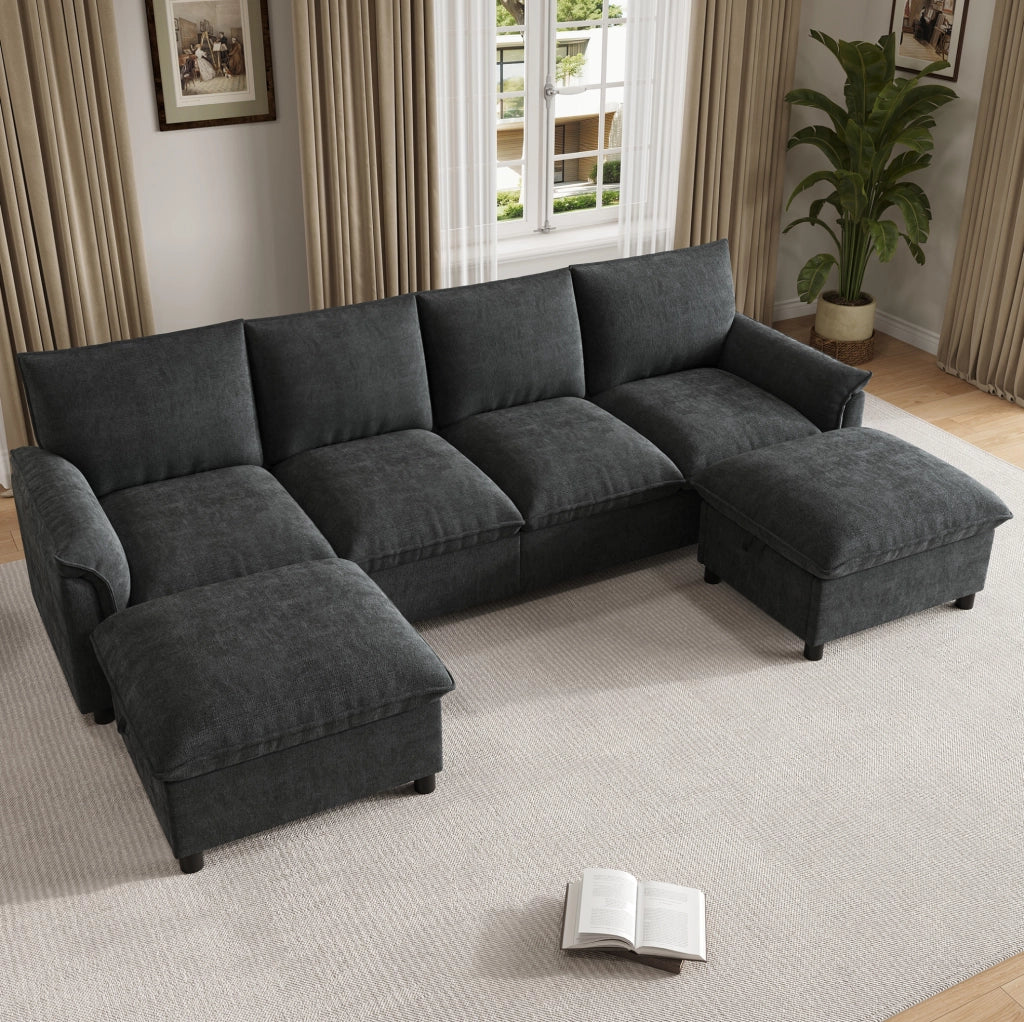 Divano in ciniglia nero con 2 pouf mobili; 264;5 x 142;5 x 84 cm