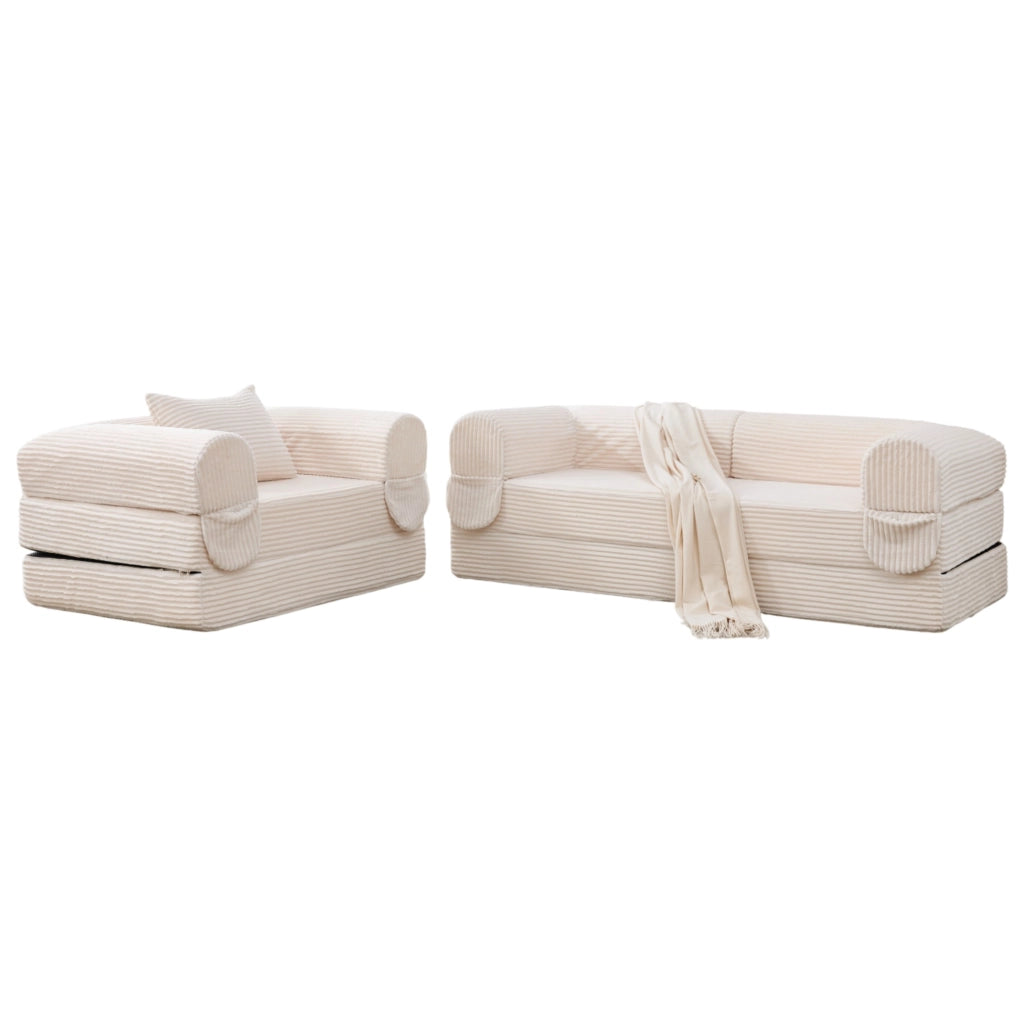 Divano Modulare 1 Posto e 2 Posti in Tessuto Corduroy Imbottito Beige