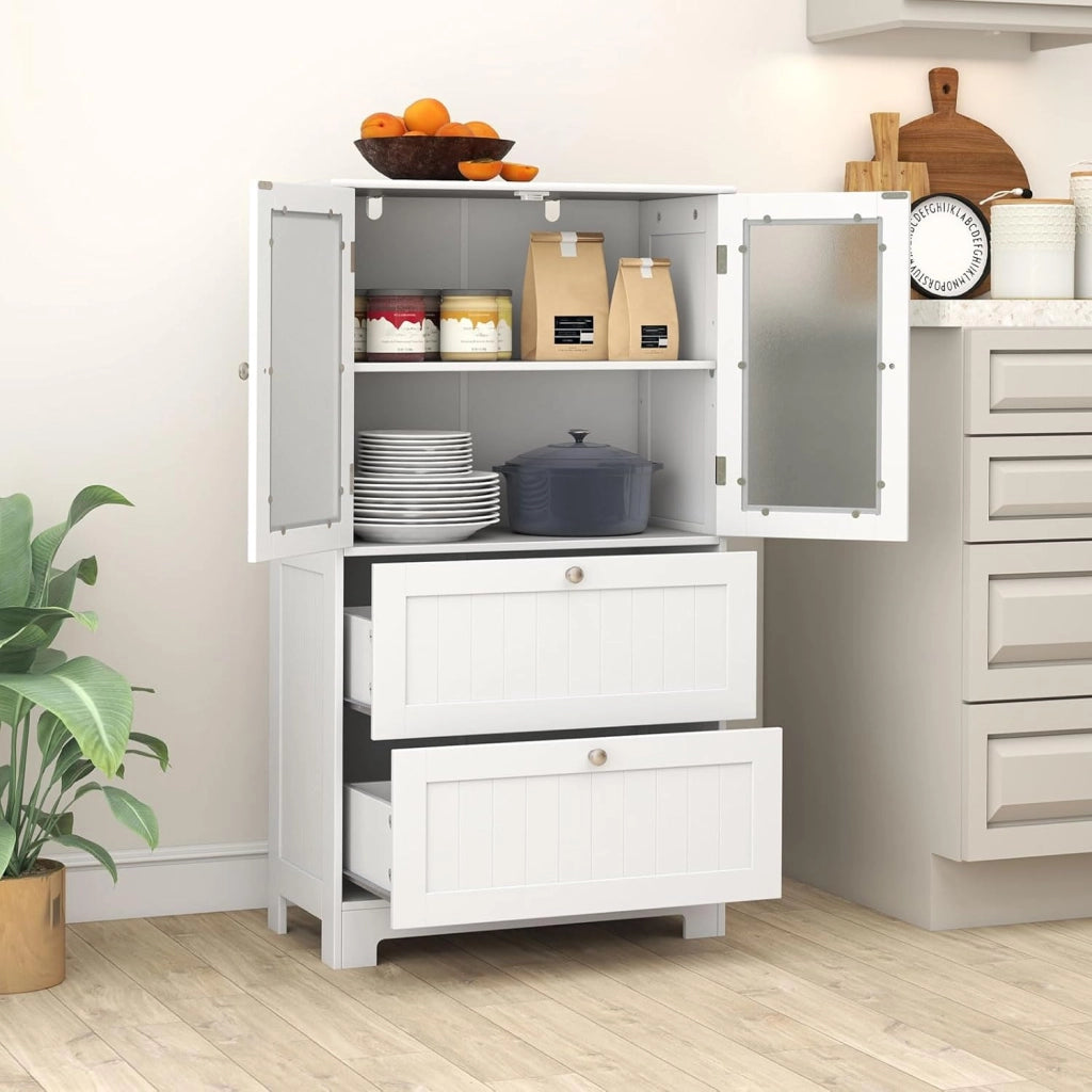 Mobile da Bagno con 2 Cassetti e Armadi a 2 Ante, Mobile Portaoggetti su Piedistallo Regolabile, Armadio Verticale con Dispositivo Antiribaltamento, 60 x 30 x 108 cm, Bianco