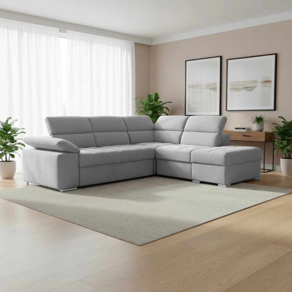 Divano Letto Angolare Capri Reversibile con Pouf Contenitore – Grigio chiaro