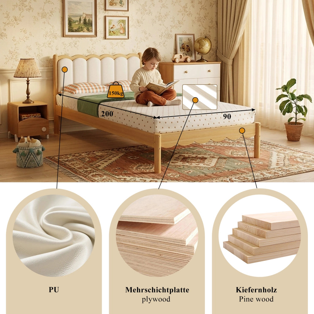 Letto imbottito per bambini 90x200 cm in legno beige