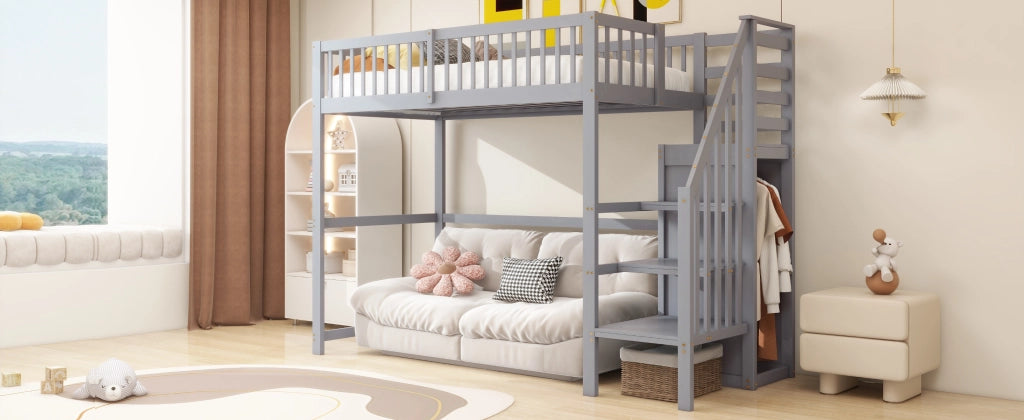 Letto a castello grigio con scala funzione contenitore in legno 90x200 cm