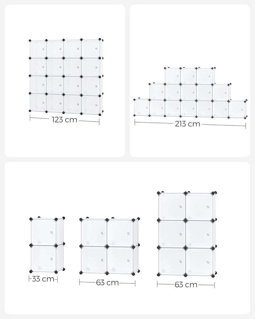 SONGMICS Armadio a 16 Cubi, Portaoggetti Organizzatore, Armadietto Mobiletto con Ante, per Abiti Scarpe Libri, Facile da Assemblare, Bianco LPC44BS