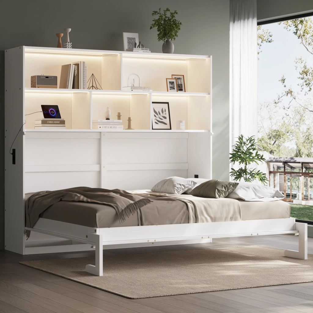Letto trasformabile singolo 90x200 cm con vano contenitore, LED, prese USB/Type-C, bianco