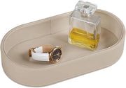 Bureaulade ovale, contenitore per chiavi, portafogli, orologi, cassetto decorativo per gioielli, cassettiera per la camera da letto o ingresso, in pelle PU, beige.