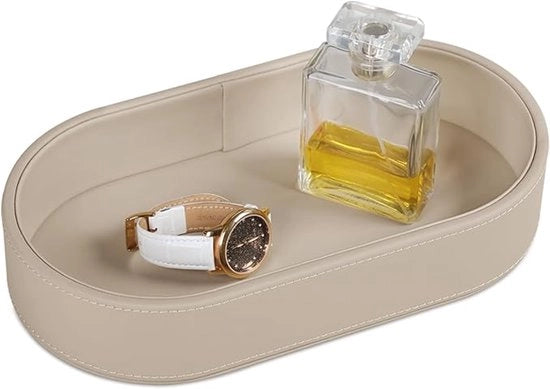 Bureaulade ovale, contenitore per chiavi, portafogli, orologi, cassetto decorativo per gioielli, cassettiera per la camera da letto o ingresso, in pelle PU, beige.