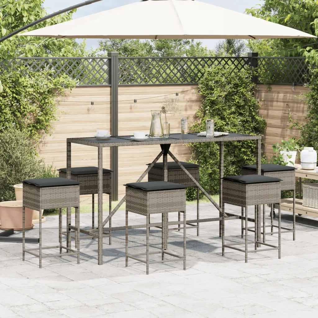Set Bar da Giardino 7 pz con Cuscini in Polyrattan Grigio