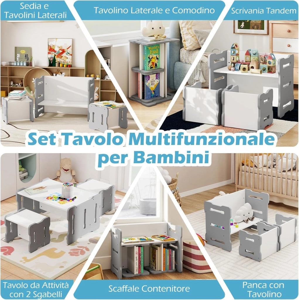 Set Tavolo e Sedia per Bambini, Set 3 Pezzi per Bambini con 2 Sgabelli e Tavolo Attività, Angoli Arrotondati e Maniglia, Mobili Multifunzionali per Casa, Scuola e Asilo (Grigio)