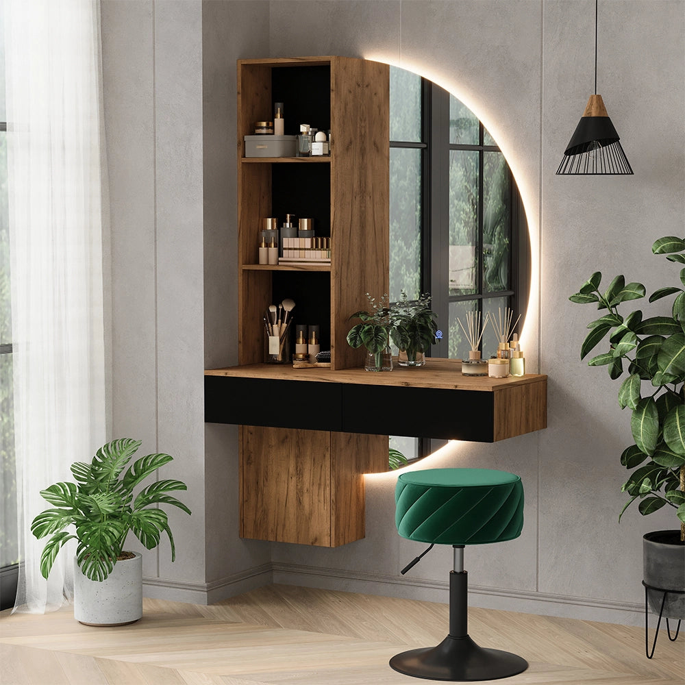 Vicco Tavolo da toeletta Quercia/nero 100 cm con specchio a LED