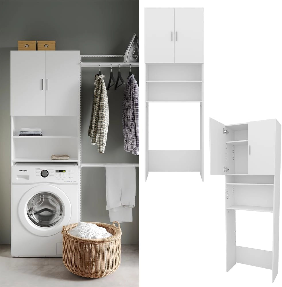 Mobile lavatrice Martha, Bianco, 64 x 190 cm con 2 ante corte, per la conservazione di detersivi e accessori da bagno