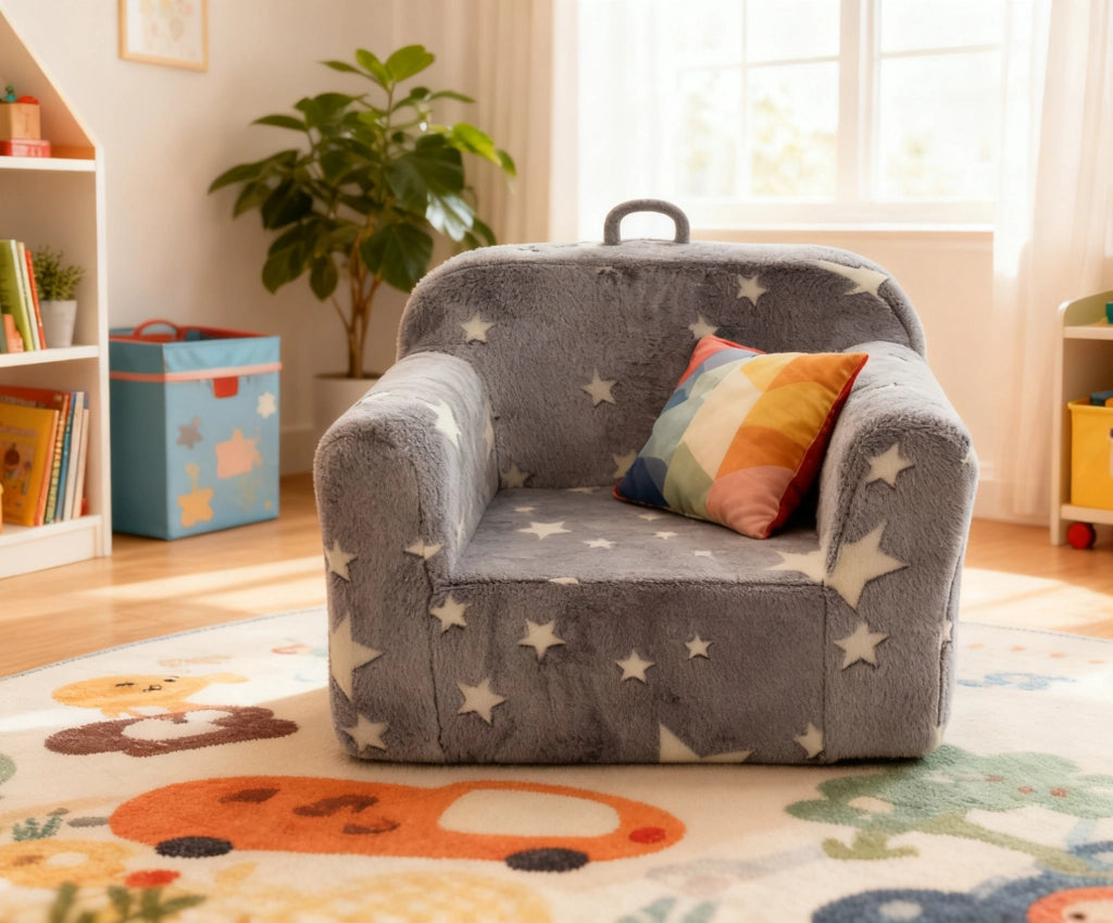 Poltroncina per bambini in tessuto grigio stelle con braccioli, sfoderabile e leggera 41 × 32 × 17 cm