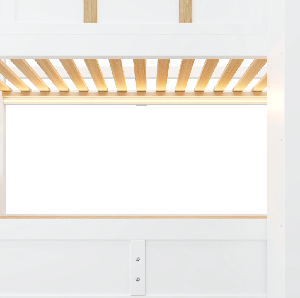 Letto a castello 90x200 cm con letto inferiore sollevabile; scala contenitore; LED; bianco