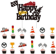Set di decorazioni per torta in miniatura - Veline da torta - Decorazioni per festa - Veline da corsa - 13 pezzi - Disegno a scacchi nero e bianco