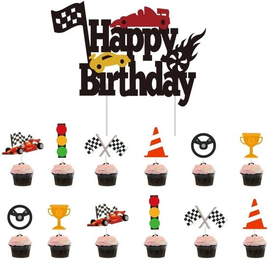 Set di decorazioni per torta in miniatura - Veline da torta - Decorazioni per festa - Veline da corsa - 13 pezzi - Disegno a scacchi nero e bianco