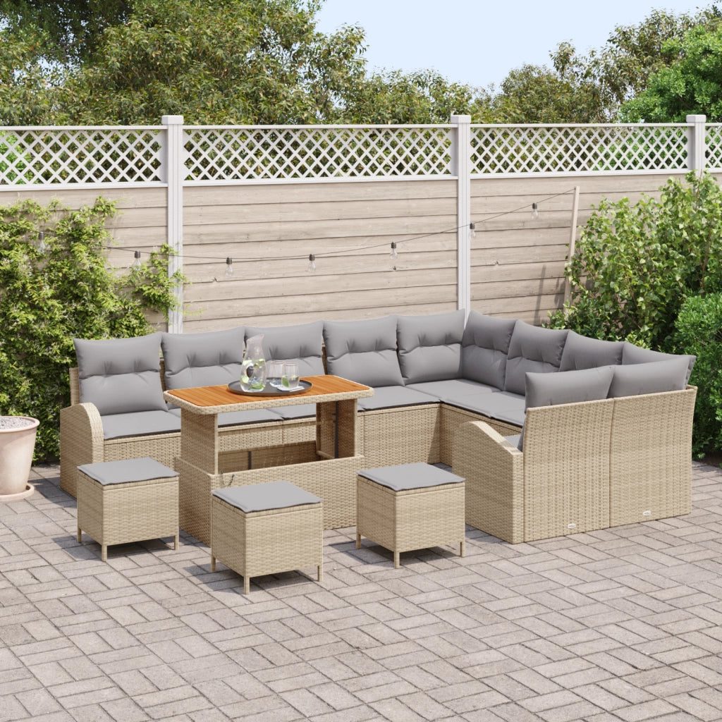 Set Divano da Giardino  a 13 Pezzi con Cuscini Beige Rattan Poliestere Acacia