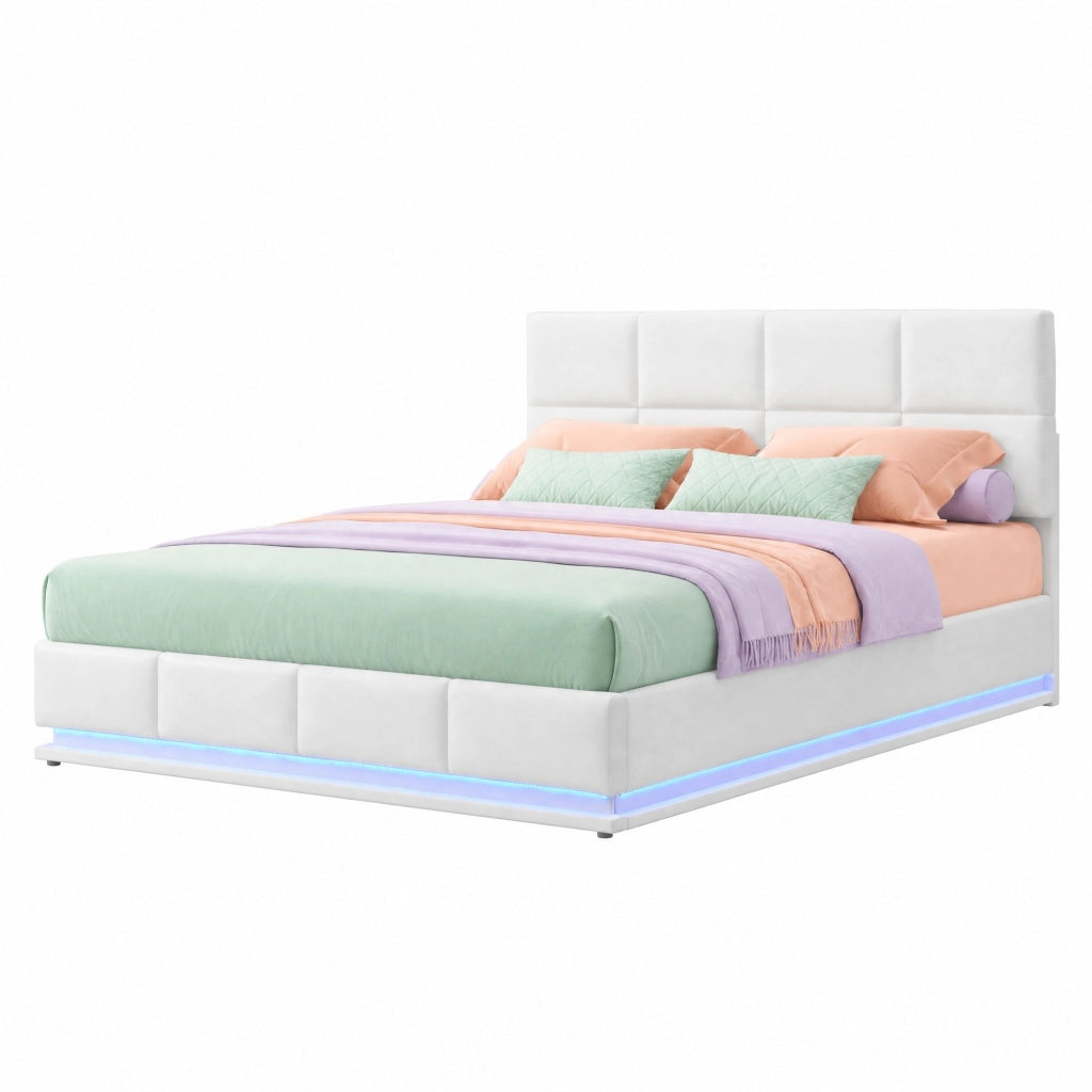 Letto matrimoniale 180x200 cm imbottito in similpelle bianca con LED e contenitore idraulico