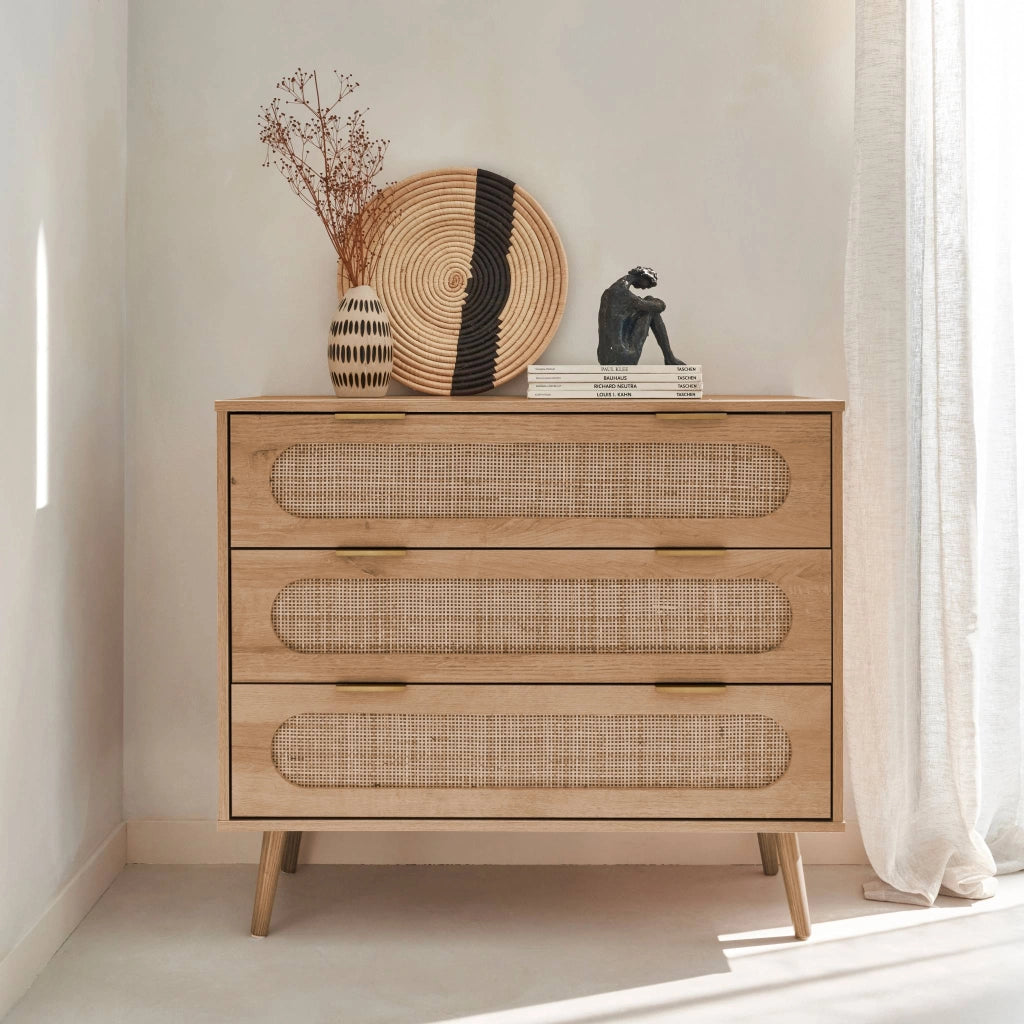Cassettiera in legno e canna intrecciata, 3 cassetti, marrone naturale