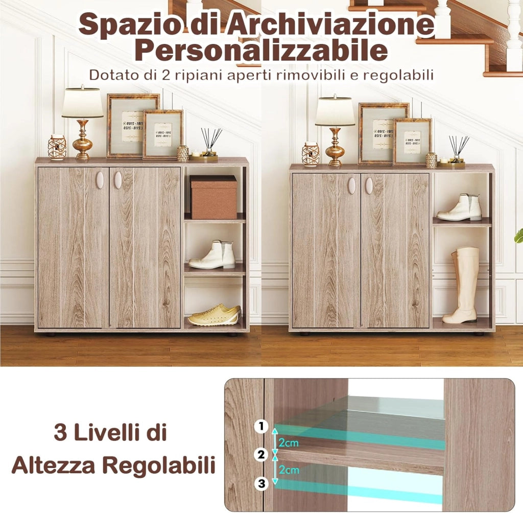Mobiletto per Scarpe con Ante, Scaffale Porta Scarpe a 3 Ripiani con Mensole Regolabili, Organizzatore in Legno per Ingresso, Corridoio e Soggiorno, 80 x 31 x 64,5 cm (Naturale)