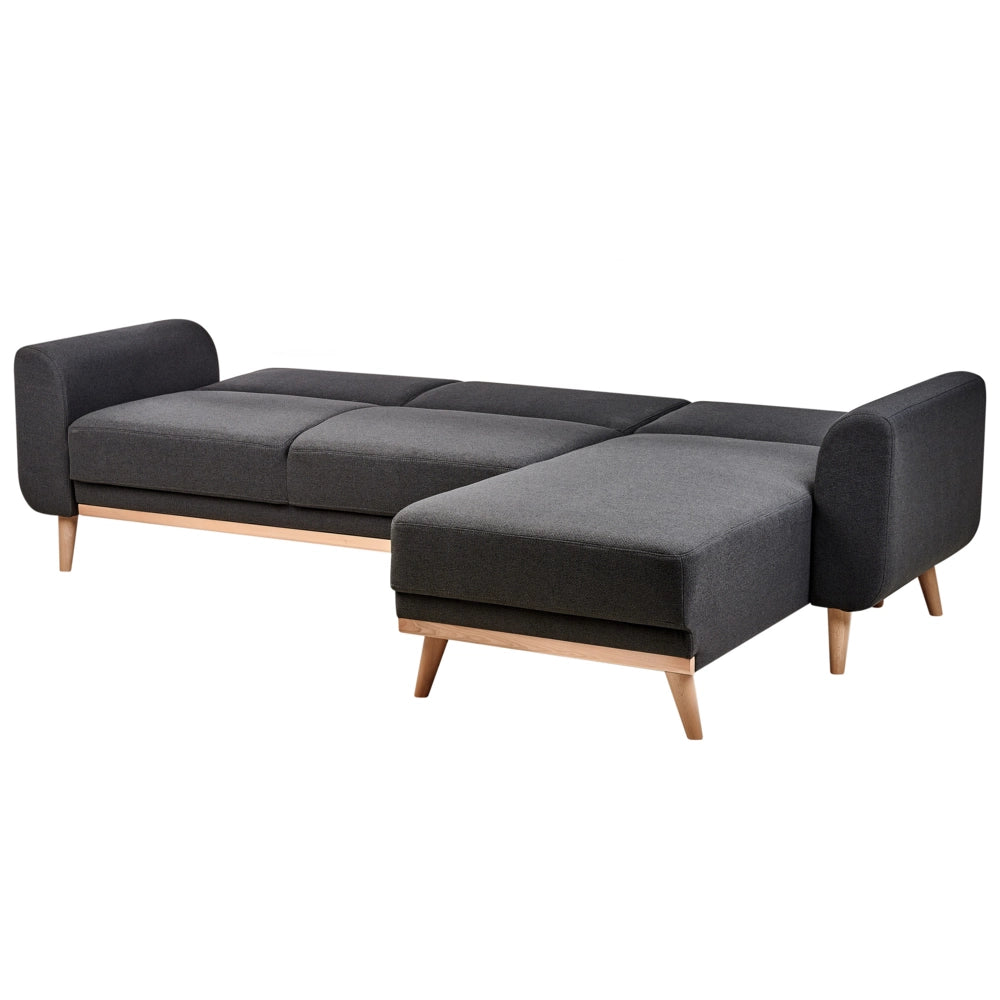 Divano letto ad angolo Rivestimento nero in tessuto poliestere Gambe in legno chiaro Cuscini Design moderno