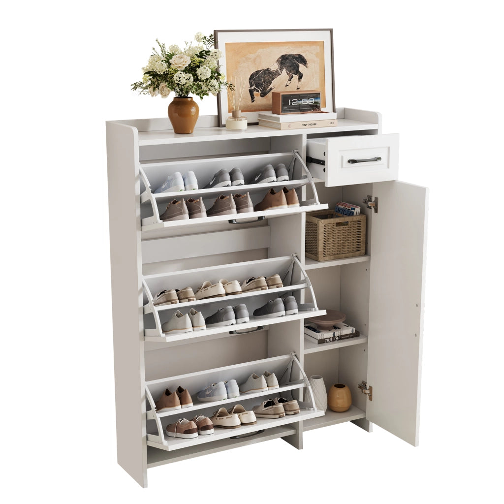 Scarpiera bianca con 3 ribalte, cassetto, vano laterale e ripiani regolabili, 92x24x121 cm
