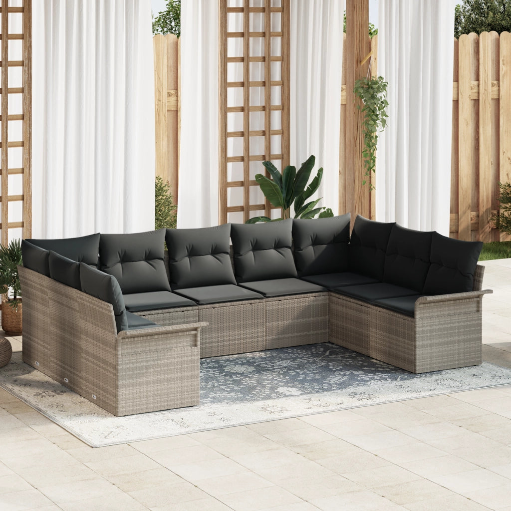 Set di divano da giardino da 9 pezzi con cuscini in rattan grigio chiaro