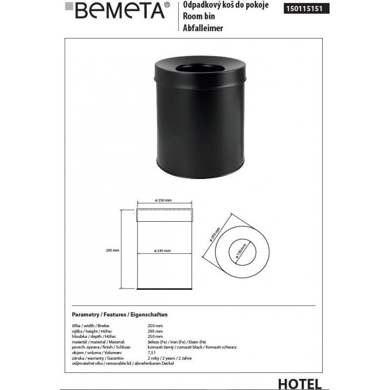 Pattumiera per camera HOTEL in comaxite nera ø 25 cm / 7,5 L