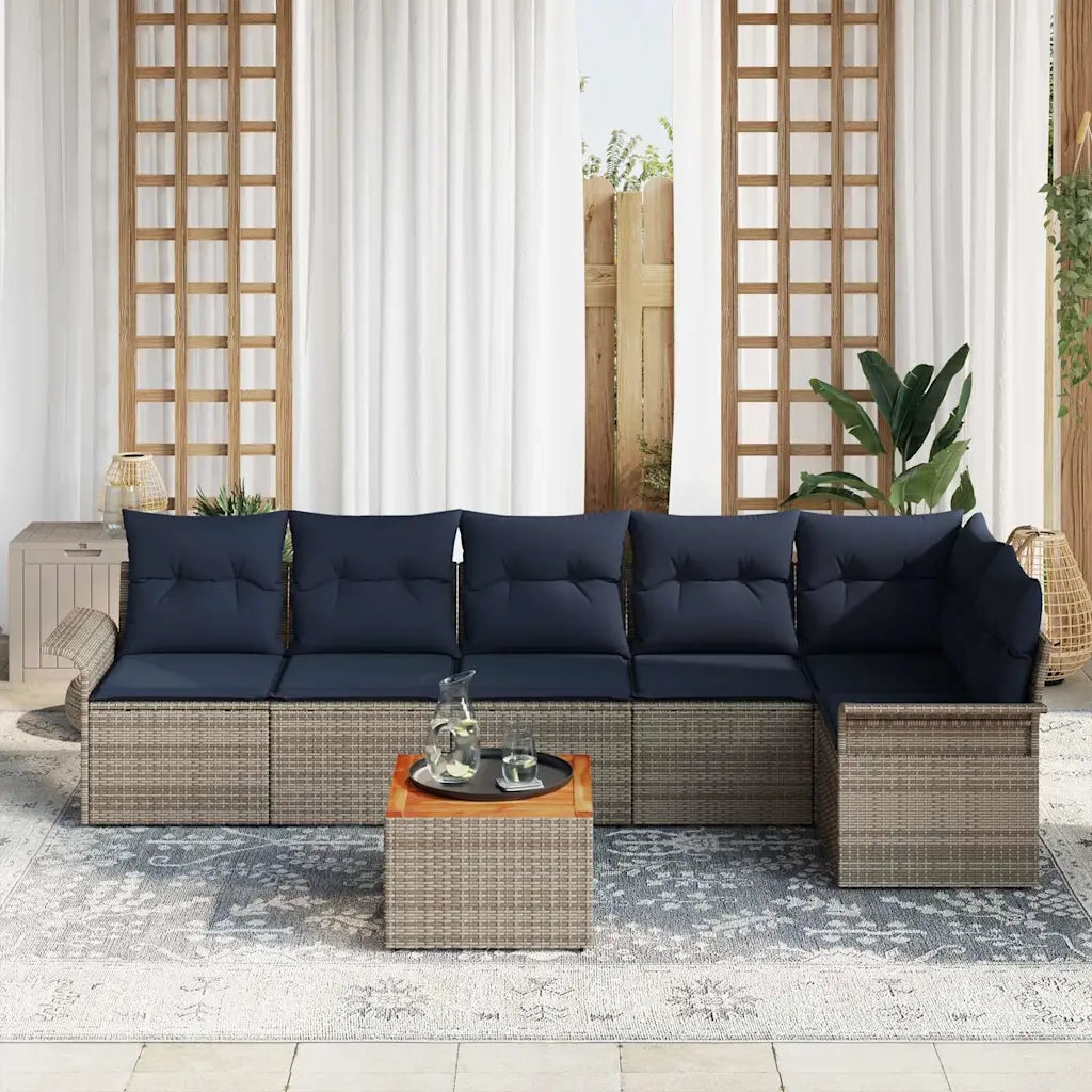 Set Divano da Giardino 7 pcs Grigio e Blu Navy polyrattan