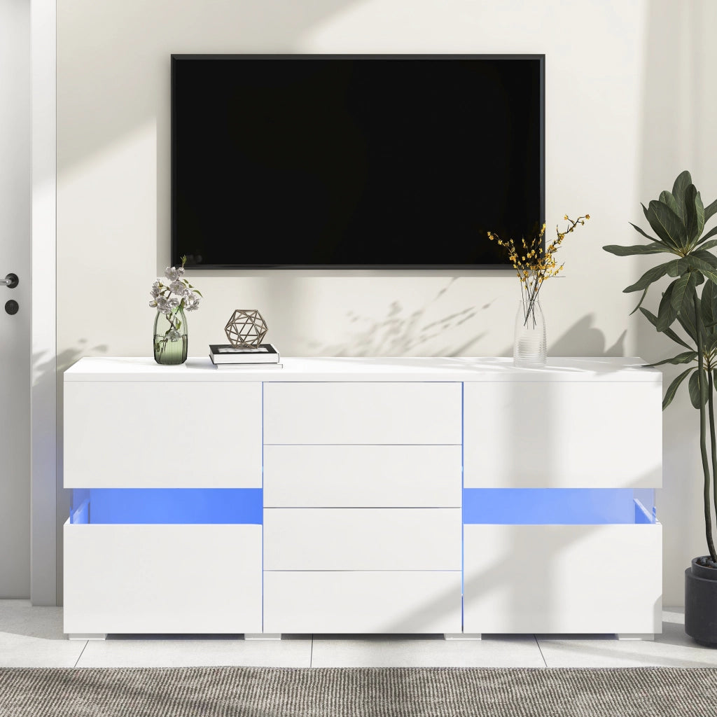 Madia con 2 ante e 4 cassetti; illuminazione LED - in MDF - 145x35x72 cm - bianco