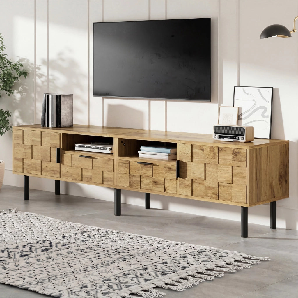 Mobile porta TV con 2 ante, 2 cassetti e 2 vani aperti, per soggiorno, in truciolare, naturale e nero 160 × 35 × 42,5 cm
