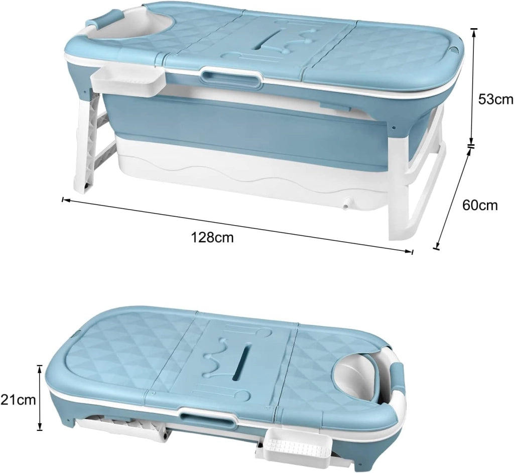 Vasca da bagno pieghevole per adulti, 128 x 60 x 53 cm, con copertura e cestino, mobile pieghevole, autoportante per bagno, doccia e balcone, blu