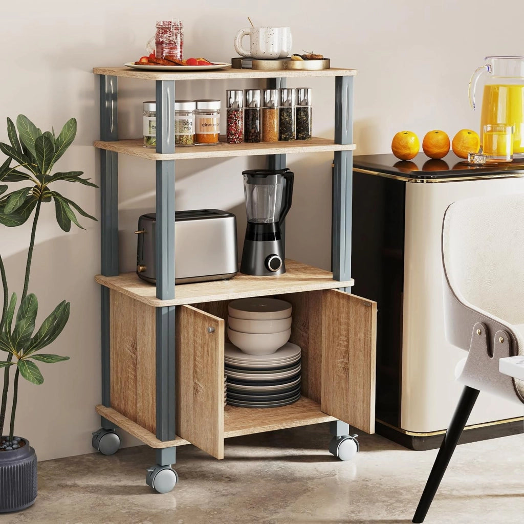 Carrello a rotelle a microonde, carrello da cucina a microonde, con 4 ruote e 2 freni, ripiano portaoggetti a 3 livelli e armadio ante,60 x 40 x 98 cm (Naturale)
