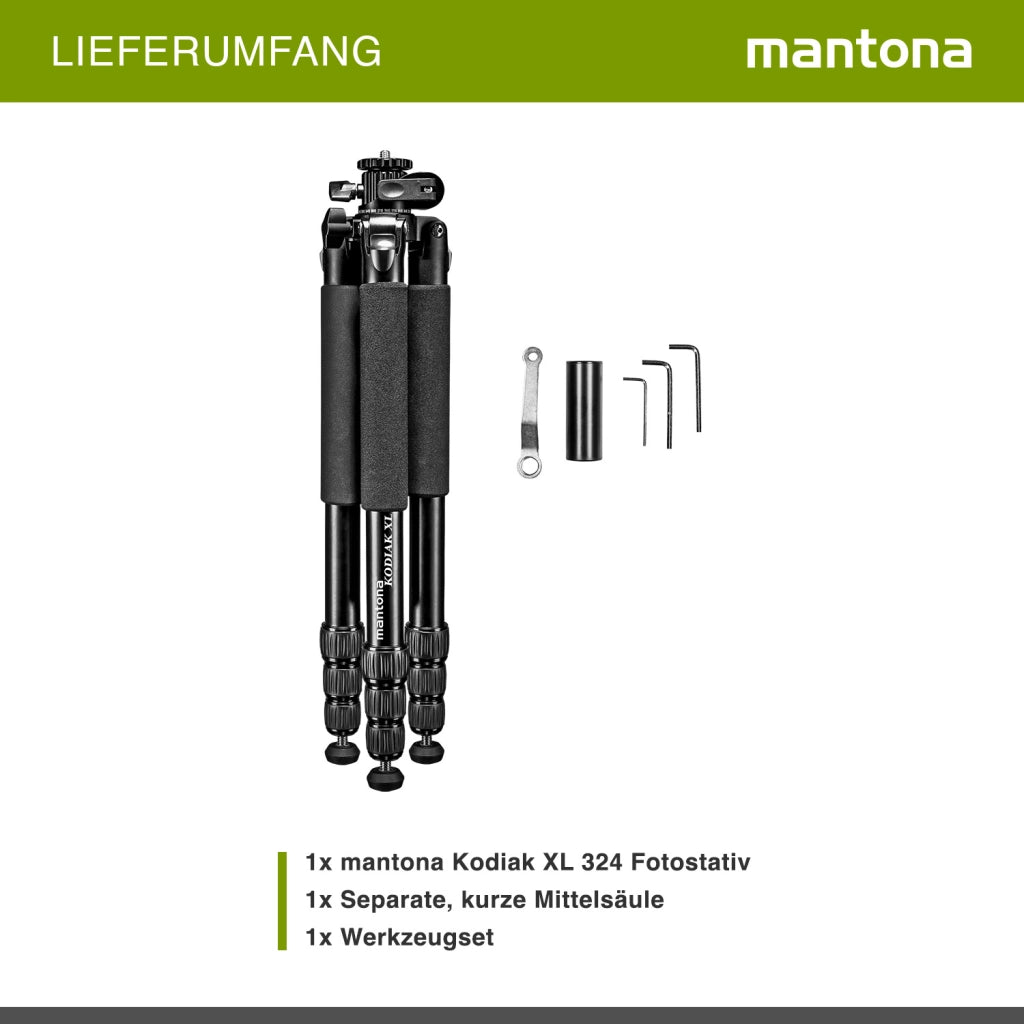 Mantona Cavalletto fotografico Kodiak XL, in alluminio, altezza max 180 cm, fino a 18 kg, colonna centrale 180°, Treppiedi Stativo fotografia