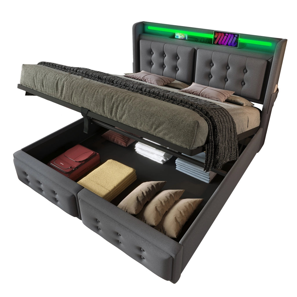 Letto Contenitore 180x200 cm; Letto Matrimoniale - USB; Type-C; LED e Mensole - Grigio