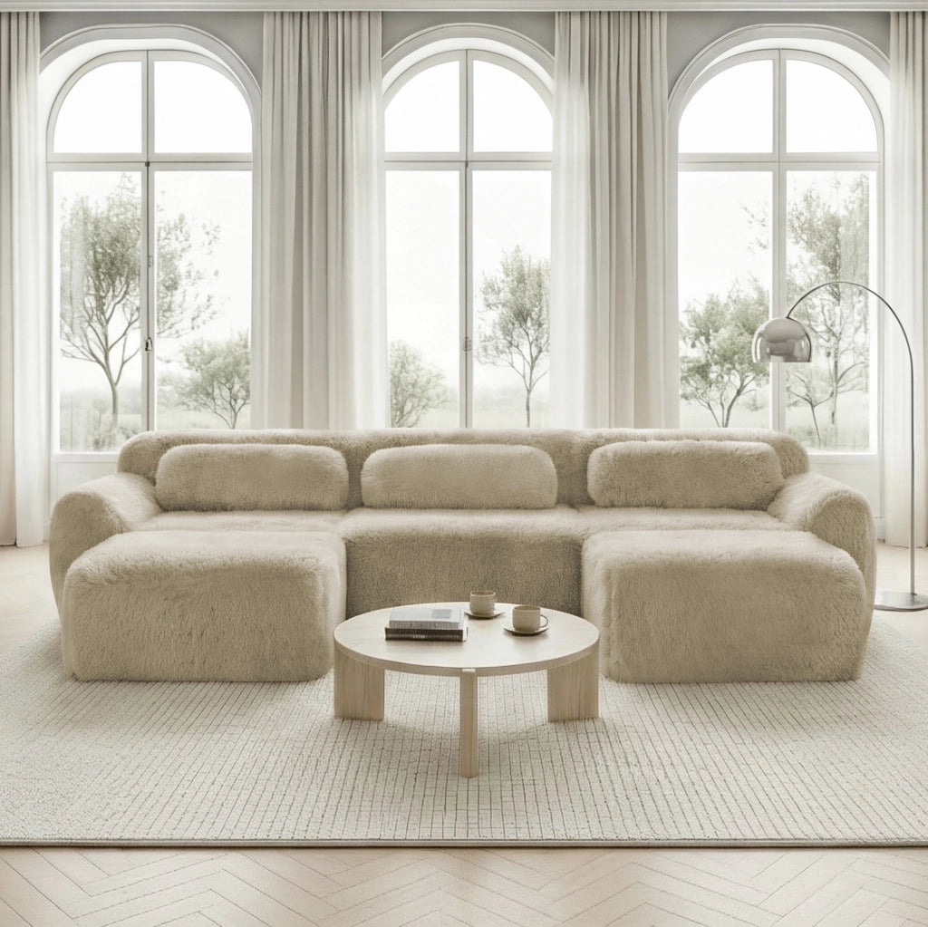 Divano modulare angolare a U in tessuto plush 291x179x73 cm; light khaki