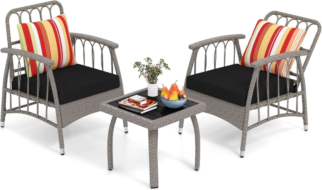 Set Salotto da Giardino in Rattan PE, Set da Esterno con 2 Poltrone Divani Schienale Regolabile, 4 Cuscini e Tavolo, Set Attedo Giardino Resistente, per Balcone, Patio e Terrazza