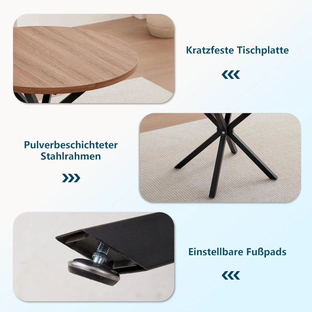 GrandCA HOME Set di Tavolo e Sedie da Pranzo, 100×100×76.5 CM Tavolo da Pranzo Rotondo, 4 Sedie da Cucina Imbottite in Colori Misti, per Sala da Pranzo, Cucina (Venature del Legno Scuro + WGPL)