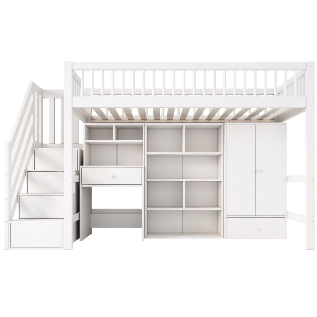 Letto per bambini multifunzionale 90x200 cm bianco in legno massiccio e MDF; con scrivania e vani contenitori