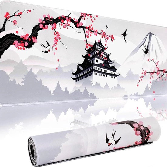 Muismat XXL per gaming con disegno kersenbloesem giapponese, bianco, impermeabile e antiscivolo, 31 x 118 pollici, spessore 3 mm, ispirato alla Torre del Castello di Nagoya