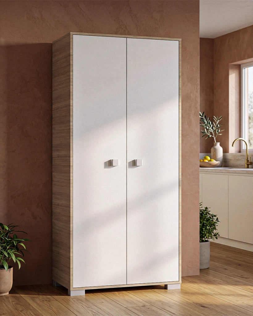 Armadio multiuso Clara 2 ante - Mobile contenitore dispensa salvaspazio - Ante in color Bianco e struttura in Olmo - 5 ripiani interni - 75x180x35 cm_