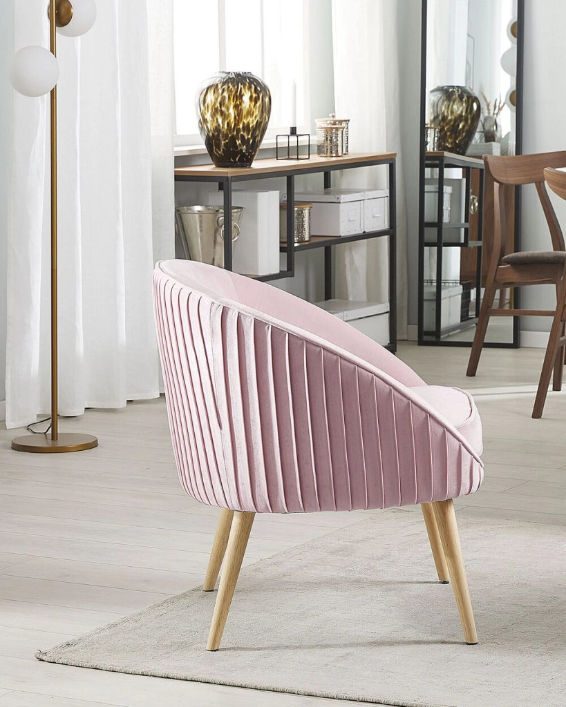 Poltrona Velluto Rosa Braccioli Incassati Gambe In Legno Retrò