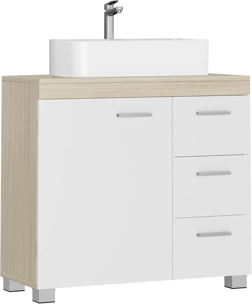 VASAGLE Mobile Sottolavabo per Bagno, Mobiletto da Bagno, 3 Cassetti Laterali, 2 Scomparti dietro l'Anta, per Lavabi con Colonna, con Piedini, 30 x 70 x 64 cm, Bianco Nuvola e Grigio Tortora BBK504W02
