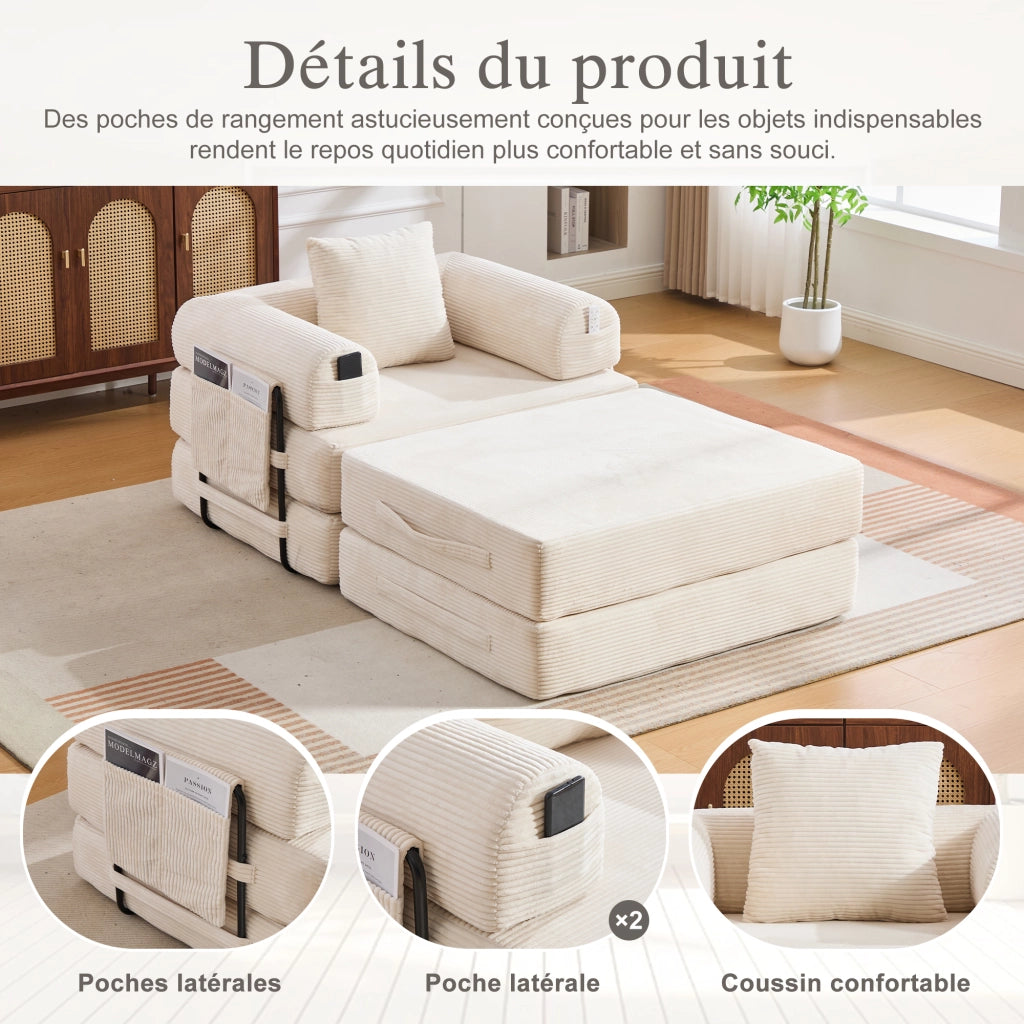 Fauteuil con pouf modulare in velluto a coste con tasca laterale e cuscino beige per soggiorno 112 × 190 × 67 cm